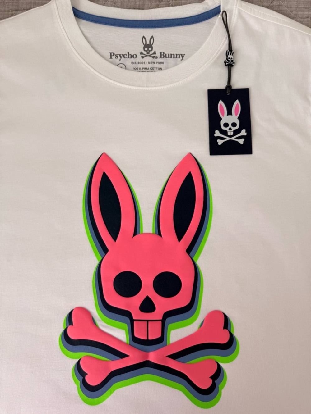 Psycho Bunny White T-Shirt with Blue Trim and Pink/Green Graphic - Picture 5 of 9